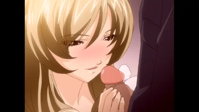 A blonde anime woman with a blushing face leans in to bite a large penis from a man standing in a suit. Screenshot from The Immorals - Episode 1