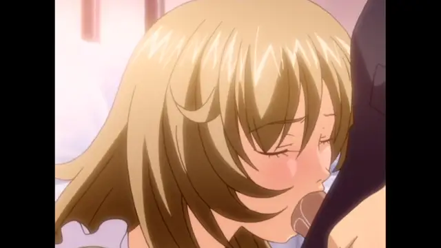 A blonde anime girl with a blushing face and closed eyes is shown performing oral sex on a man with a dark suit and a gold watch. Screenshot from The Immorals - Episode 1
