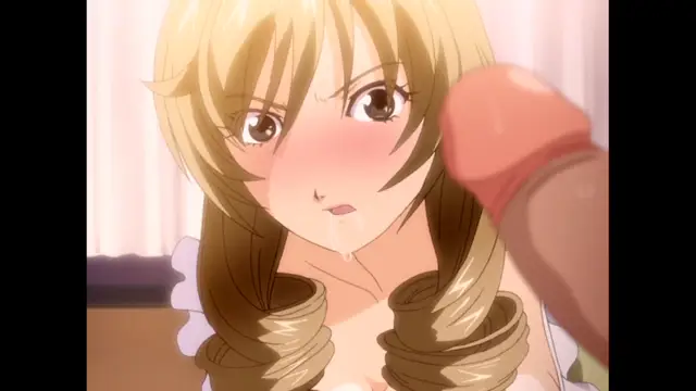 A blonde-haired anime girl with a blushing face and drool on her chin looks surprised and overwhelmed as a large penis is thrust toward her face. Screenshot from The Immorals - Episode 1