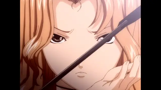 A close-up shot of a blonde anime girl with a stern expression looking over her shoulder, with a black rod or stick passing diagonally across her face. Screenshot from The Immorals - Episode 2