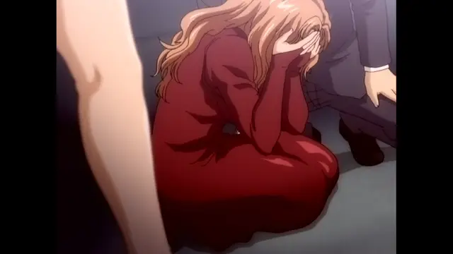 A blonde woman in a red dress sits on the floor with her head in her hands while a man in a suit stands over her and a person's leg is visible in the foreground. Screenshot from The Immorals - Episode 2