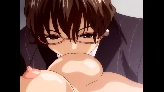 A brown-haired man wearing glasses and a suit leans over a woman, pressing his face against her large breasts. Screenshot from The Immorals - Episode 2