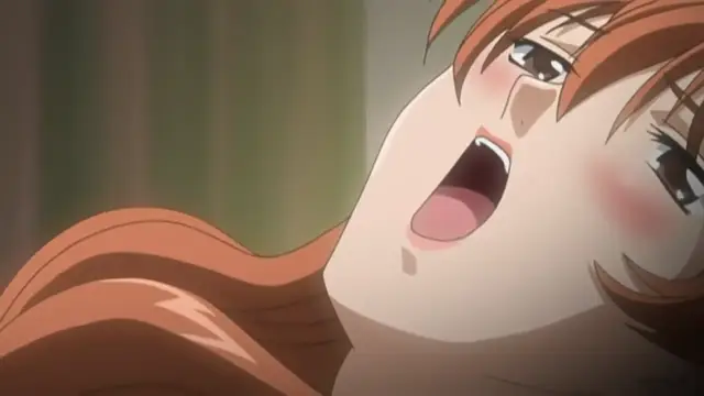 A close-up shot of an anime girl with orange hair, wide eyes, and a blushing face, gasping with her mouth open in a state of shock or pleasure. Screenshot from Cantaloupe Collector - Episode 1