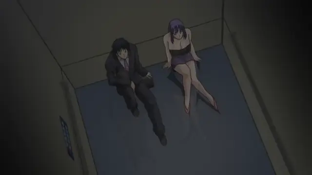 A man in a suit and a woman in a short purple dress sit side-by-side on the floor of a dimly lit room. Screenshot from Cantaloupe Collector - Episode 1