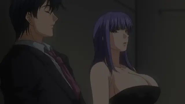 A man in a suit and a woman with large breasts in a strapless dress stand close together in a dimly lit room. Screenshot from Cantaloupe Collector - Episode 1