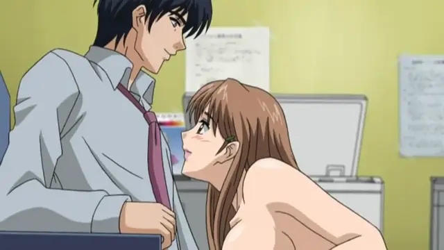 A man in a dress shirt and tie leans over a desk to look down at a topless woman with long brown hair who is looking up at him. Screenshot from Cantaloupe Collector - Episode 1
