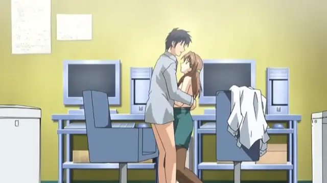 A man and a woman are standing close together in an office setting, with the man holding the woman around her waist while she has her eyes closed and her hands on his chest. Screenshot from Cantaloupe Collector - Episode 1