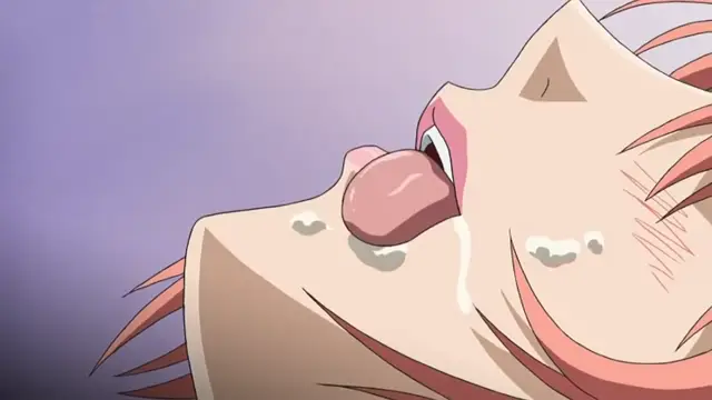 A close-up shot of an anime girl lying down with her eyes closed, her mouth open and dripping with white fluid. Screenshot from Cantaloupe Collector - Episode 1