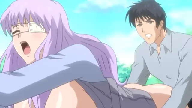 A purple-haired woman with glasses and a wide-open mouth lies on a table while a man with black hair looks on as he engages in a sexual act with her from behind. Screenshot from Cantaloupe Collector - Episode 2