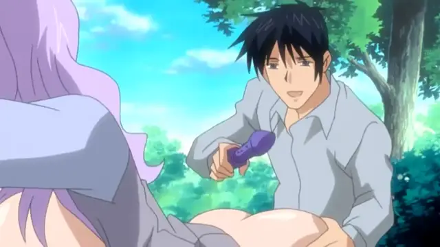 A man with black hair and a light blue shirt holds a purple dildo while looking at a woman with purple hair who is lying on her back in an outdoor park setting. Screenshot from Cantaloupe Collector - Episode 2