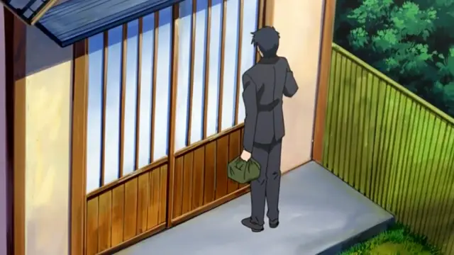 A man in a dark suit stands outside a traditional Japanese building with sliding doors, holding a briefcase and looking toward the entrance. Screenshot from Cantaloupe Collector - Episode 2
