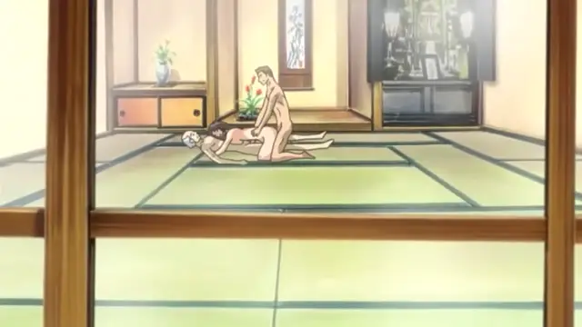 A naked woman is kneeling and penetrating a man who is lying face down on a tatami mat inside a traditional Japanese room. Screenshot from Cantaloupe Collector - Episode 2