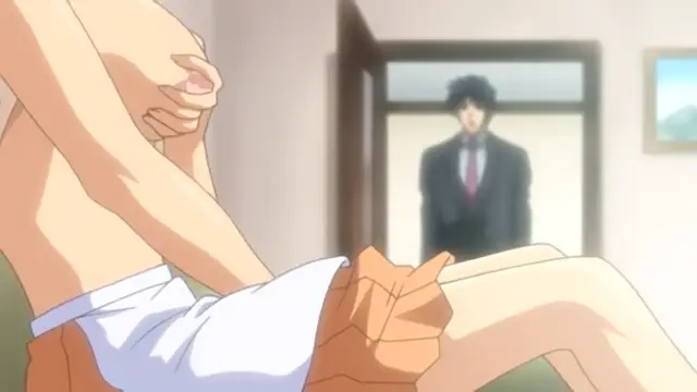 A blonde woman in a white towel sits on a bed while a man in a suit watches her from a doorway in the background. Screenshot from Cantaloupe Collector - Episode 2