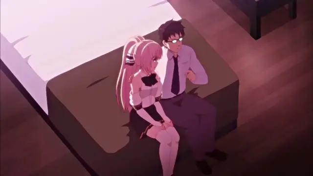 A man in a shirt and tie and a girl with pink hair and a black outfit sit together on the edge of a bed in a dimly lit room. Screenshot from Enjo Kouhai - Episode 1