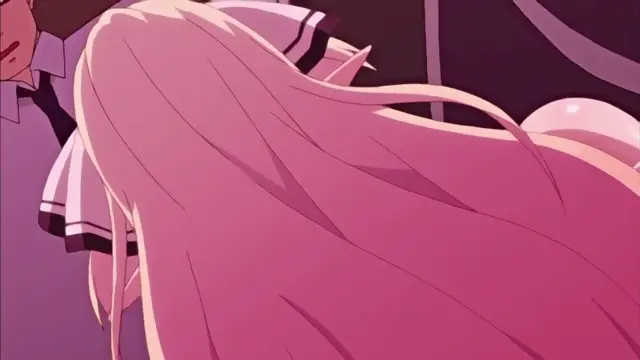 A close-up anime shot depicts a woman with long pink hair wearing a school uniform being penetrated by a man from behind. Screenshot from Enjo Kouhai - Episode 1