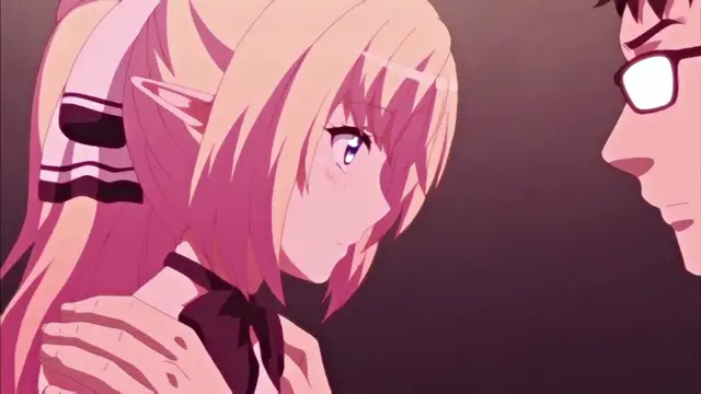 A close-up shot shows a pink-haired elf girl with long pigtails and a school uniform being held by the shoulders by a man with glasses, who is looking down at her with an intense expression. Screenshot from Enjo Kouhai - Episode 1