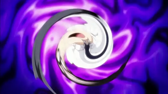 A stylized illustration of a character with long black and white hair curled into a swirl pattern against a vibrant purple and blue energy background. Screenshot from Enjo Kouhai - Episode 1