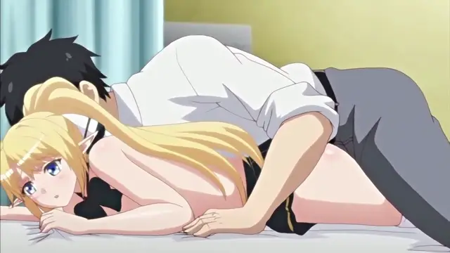 A man with black hair in a white shirt and grey pants is shown from behind as he fucks a blonde elf girl in a black outfit on a bed. Screenshot from Enjo Kouhai - Episode 2