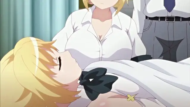A blonde girl in a white dress lies on a bed with her eyes closed while a blonde woman in a white button-down shirt stands over her. Screenshot from Enjo Kouhai - Episode 2