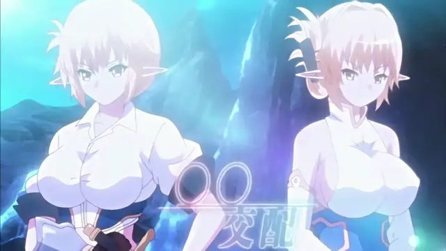 Two elf girls with large breasts and white hair stand in a cave, with Japanese text overlaying the center of the screen. Screenshot from Enjo Kouhai - Episode 2