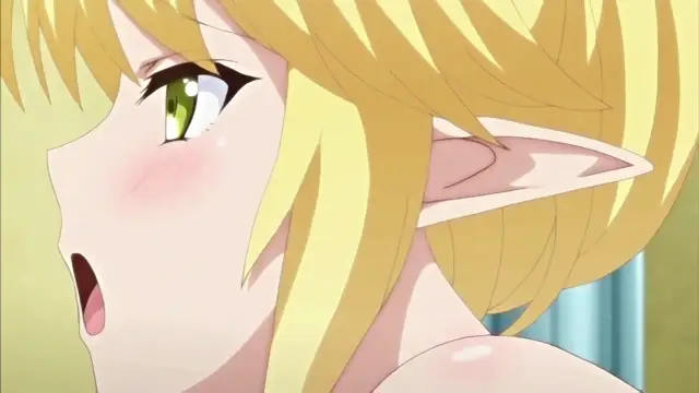 A blonde elf girl with large pointed ears and a blushing face looks on with an open-mouthed, surprised expression. Screenshot from Enjo Kouhai - Episode 2