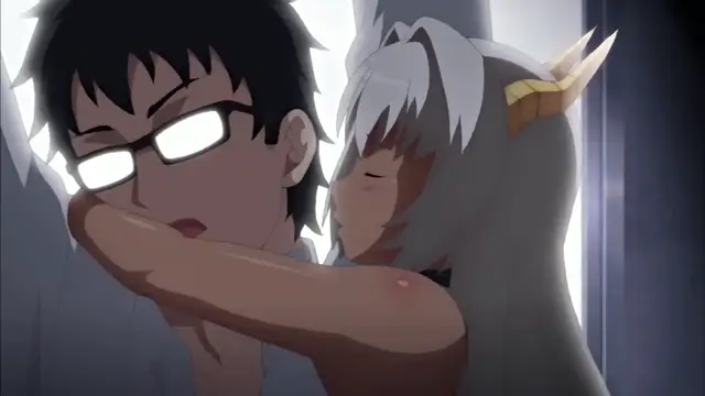 A white-haired anime girl with small horns leans in to kiss a black-haired man with glasses on his face while his hand is held over his mouth. Screenshot from Enjo Kouhai - Episode 3
