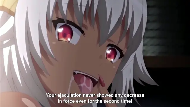 An anime girl with white hair and red eyes looks up with a shocked and blushing expression as a subtitle at the bottom reads, "Your ejaculation never showed any decrease in force even for the second time!". Screenshot from Enjo Kouhai - Episode 3