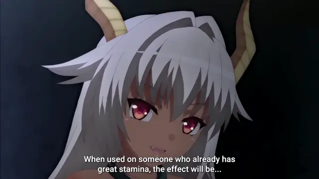 A close-up shot of a white-haired anime girl with horns and blushing eyes looks forward with a seductive expression, while subtitles at the bottom read, "When used on someone who already has great stamina, the effect will be...". Screenshot from Enjo Kouhai - Episode 3