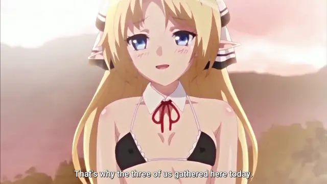 A blonde anime girl wearing a maid outfit and a black bikini top stands with a blush on her face against a scenic landscape, with the subtitles stating, "That's why the three of us gathered here today.". Screenshot from Enjo Kouhai - Episode 4