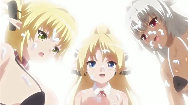Three anime girls with long hair and wet skin, including one in a school uniform and two in bikinis, stand close together with dazed expressions and white fluid on their faces and bodies. Screenshot from Enjo Kouhai - Episode 4