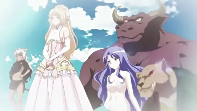 A group of fantasy characters, including a woman in a pink gown, a blue-haired woman in a bikini, a large bull-like monster, and several other figures, stand against a blue sky with white clouds. Screenshot from Enjo Kouhai - Episode 4