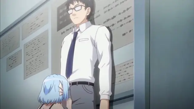 A man wearing glasses and a white shirt with a tie stands next to a woman with blue hair who is kneeling on the floor in front of an office bulletin board. Screenshot from Enjo Kouhai - Episode 5