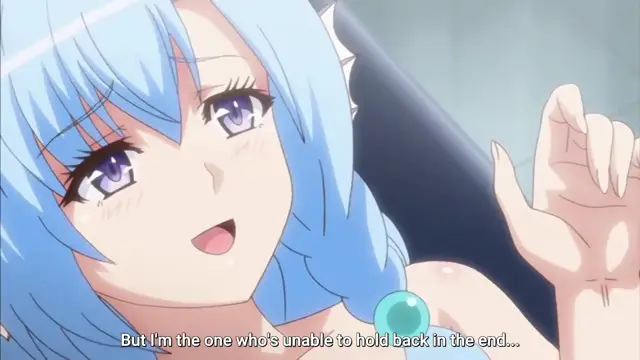 A close-up anime shot features a blue-haired girl with a blushing face and a dazed expression as she looks toward the viewer while a subtitle at the bottom reads, "But I'm the one who's unable to hold back in the end...". Screenshot from Enjo Kouhai - Episode 5