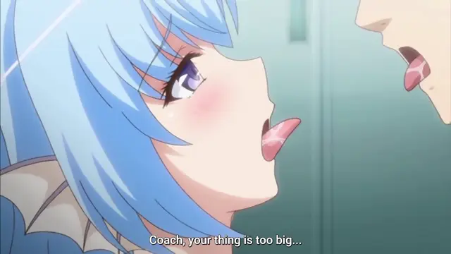 A blue-haired anime girl with blushing cheeks and a shocked expression looks up at a man's face as she says, "Coach, your thing is too big...". Screenshot from Enjo Kouhai - Episode 5