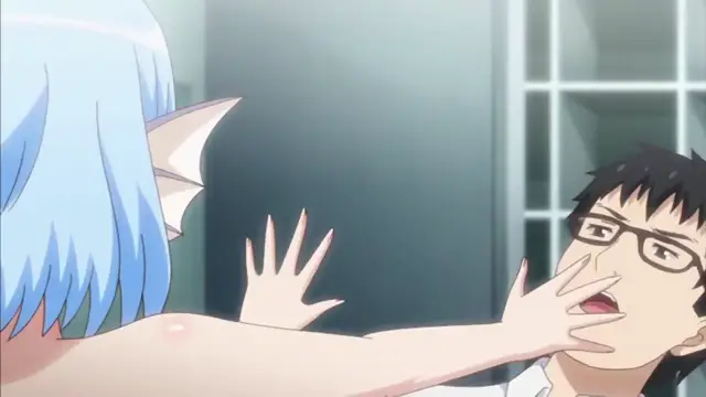 A blue-haired elf girl with pointed ears is pressing her hand against the face of a surprised, black-haired man wearing glasses. Screenshot from Enjo Kouhai - Episode 5