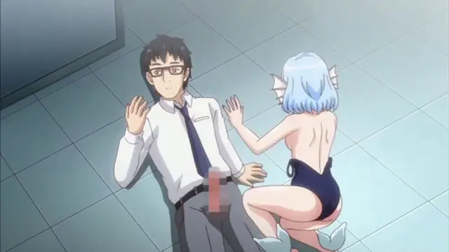 A man in a white dress shirt and black tie with glasses sits on the floor next to a blue-haired mermaid in a black swimsuit. Screenshot from Enjo Kouhai - Episode 5