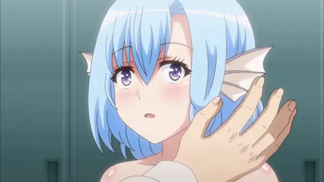An anime girl with blue hair and fin-like ears on her head looks startled and blushing as a large hand reaches out to touch her shoulder. Screenshot from Enjo Kouhai - Episode 5