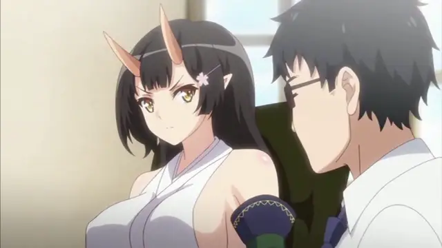 A girl with black hair, horns, and pointed ears wearing a white kimono-style top sits closely next to a man with black hair and glasses in a formal setting. Screenshot from Enjo Kouhai - Episode 6