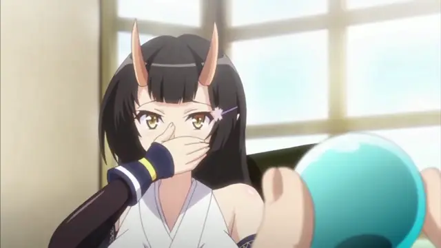 A black-haired anime girl with orange horns and a surprised expression covers her mouth with a hand as she looks toward a blue drink being held in the foreground. Screenshot from Enjo Kouhai - Episode 6
