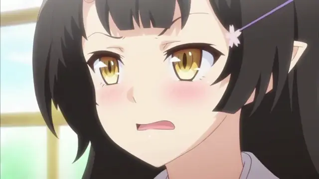An anime girl with black hair, elf ears, and a small hair clip looks on with a blushing, dazed expression. Screenshot from Enjo Kouhai - Episode 6