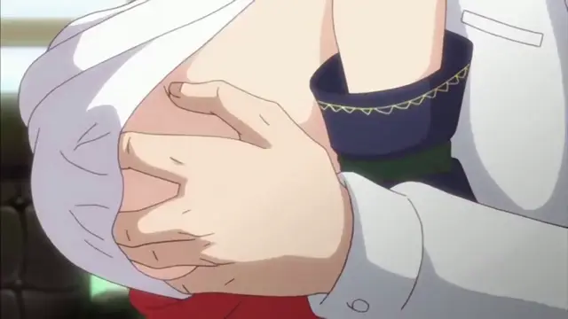 A man with white hair and a white shirt reaches out to touch the breast of a woman who is wearing a blue and gold dress. Screenshot from Enjo Kouhai - Episode 6