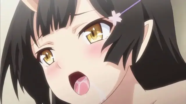 A close-up shot of an anime girl with cat ears, black hair, and flushed cheeks, gasping with her mouth open and drool trickling down her chin. Screenshot from Enjo Kouhai - Episode 6