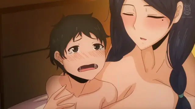 A blushing young man looks surprised and overwhelmed as a large-breasted woman with long dark hair leans over him, her eyes closed and expression suggestive. Screenshot from Inmou - Episode 1