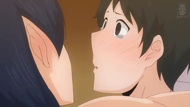 A blushing anime man with dark hair looks into the eyes of an elf girl with pointed ears, their faces very close together as if about to kiss. Screenshot from Inmou - Episode 1