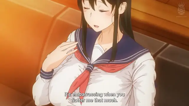 An anime girl with long dark hair and blushing cheeks, wearing a white sailor school uniform with a red scarf, looks down bashfully while a subtitle reads, "It's embarrassing when you flatter me that much.". Screenshot from Inmou - Episode 1