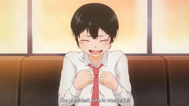 A blushing anime girl with black hair and a school uniform sits on a couch, clutching her tie and smiling with a subtitle that reads, "The president sure is wonderful!". Screenshot from Inmou - Episode 1