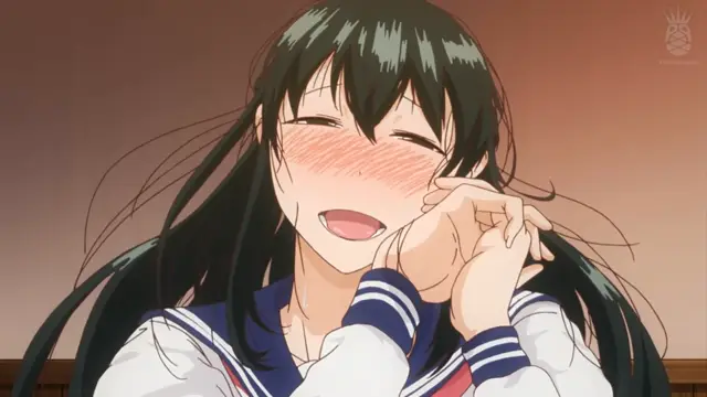 A blushing anime girl with long dark hair and a school uniform smiles joyfully with her hands clasped together. Screenshot from Inmou - Episode 1