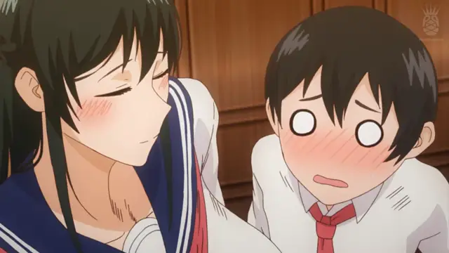 A blushing anime girl in a sailor uniform leans in close to a wide-eyed, flustered male student in a school uniform. Screenshot from Inmou - Episode 1