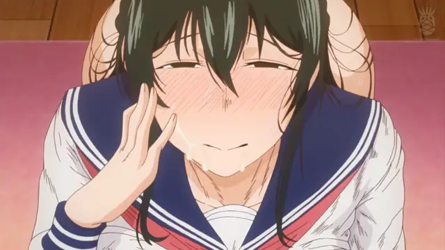 A blushing anime girl in a school uniform with closed eyes and a sweating face rests on a pink mat next to another person's chest, with her hand on her cheek and a satisfied expression. Screenshot from Inmou - Episode 1