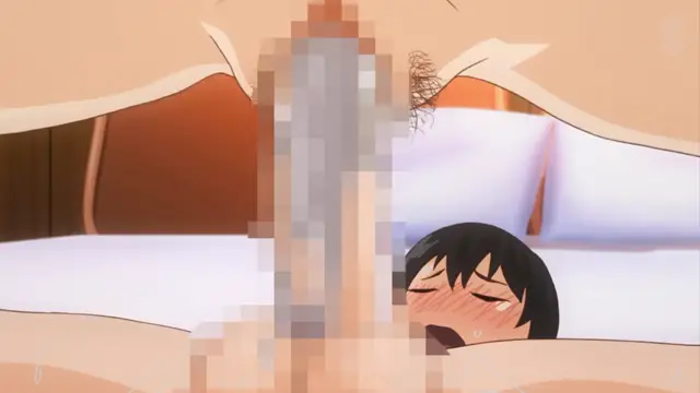 An anime girl with black hair and a blushing face lies on a bed while a large, erect penis is shown in the foreground, blurred for modesty. Screenshot from Inmou - Episode 1